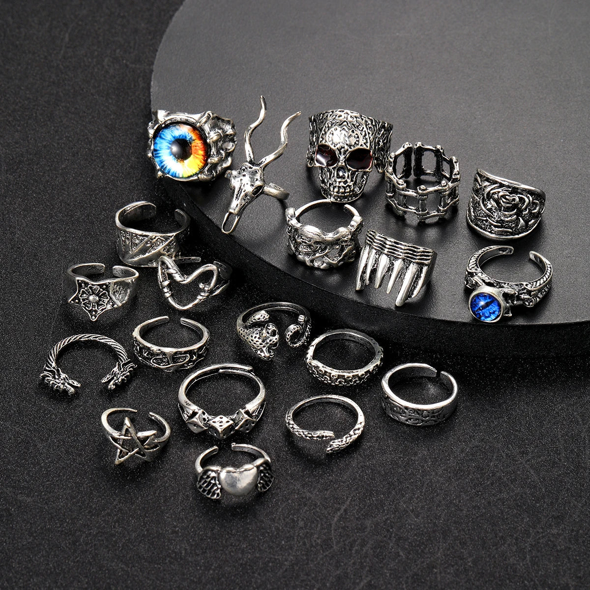 20Pcs/Set Retro Punk Gothic Rings for Women Men Silver Color Heart Evil Eyes Skull Snake Pentagram Rings Set Trendy Jewelry Gift