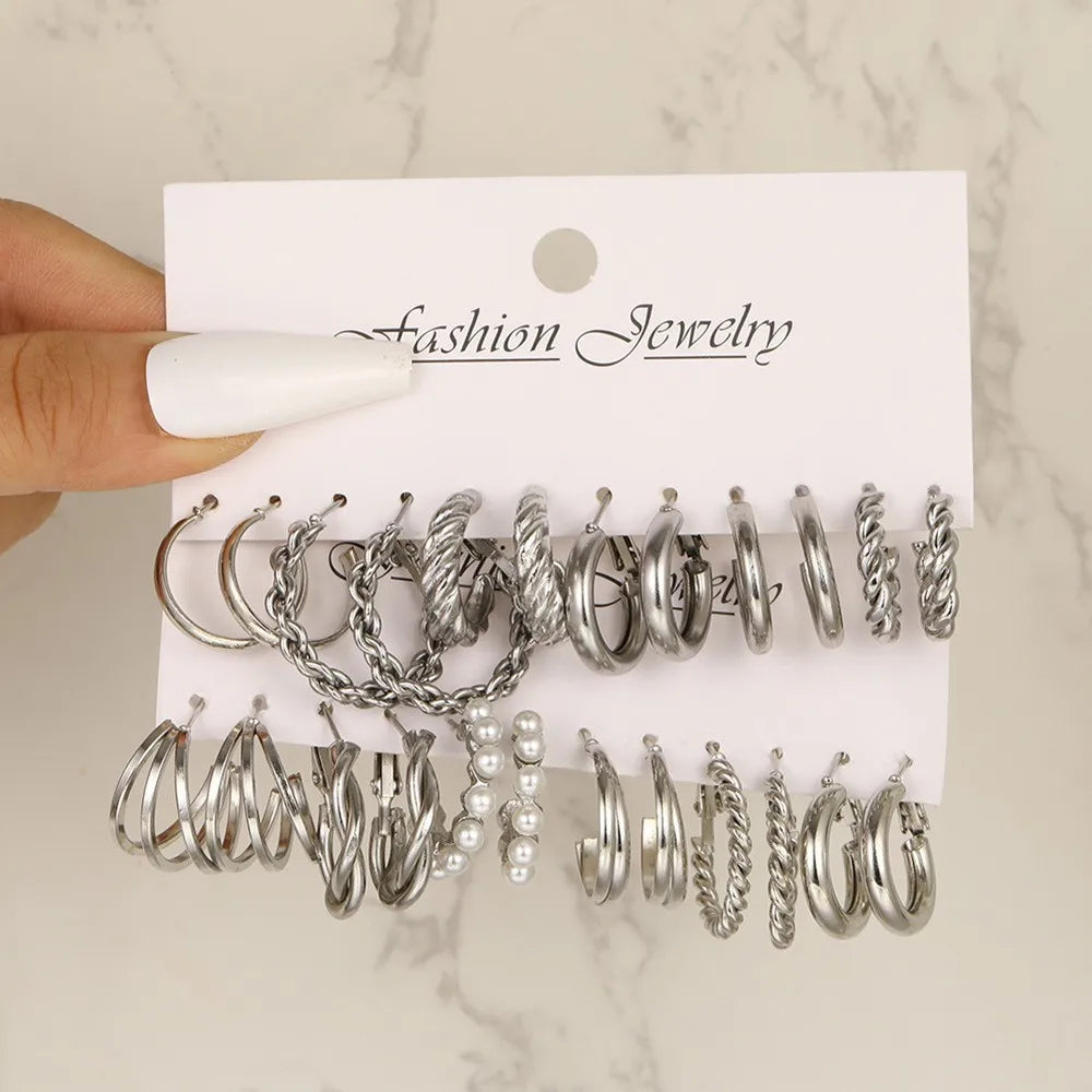 24 Pcs European and American Boho Big Circle Hoop Earring Set for Women Gold Color Vintage Pearl Earring Heart Zircon Jewelry