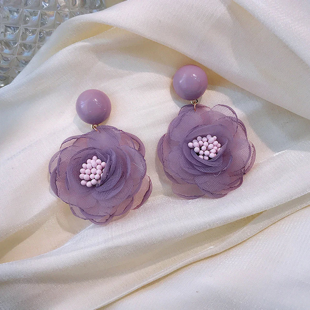 Needle Soft Snowflake Lace Flower Girl Soft Purple Milk Fruit Green Flower Dewdrop Earrings Ear Clips Fresh Sweet Style Ear Stud