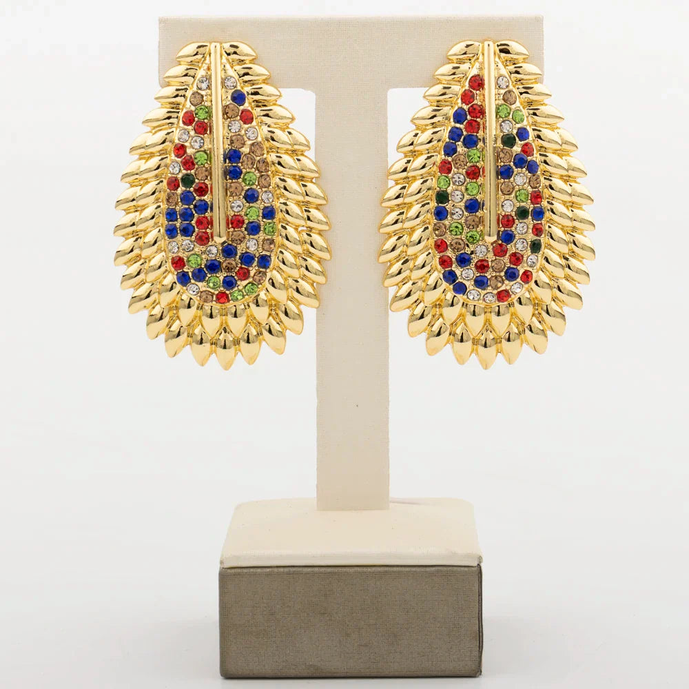 Trendy Colorful Jewelry Set for Women Zircon Collor Earrings and Necklace Large Gold Plated Bracelet Ring New Style Jewelry Gift