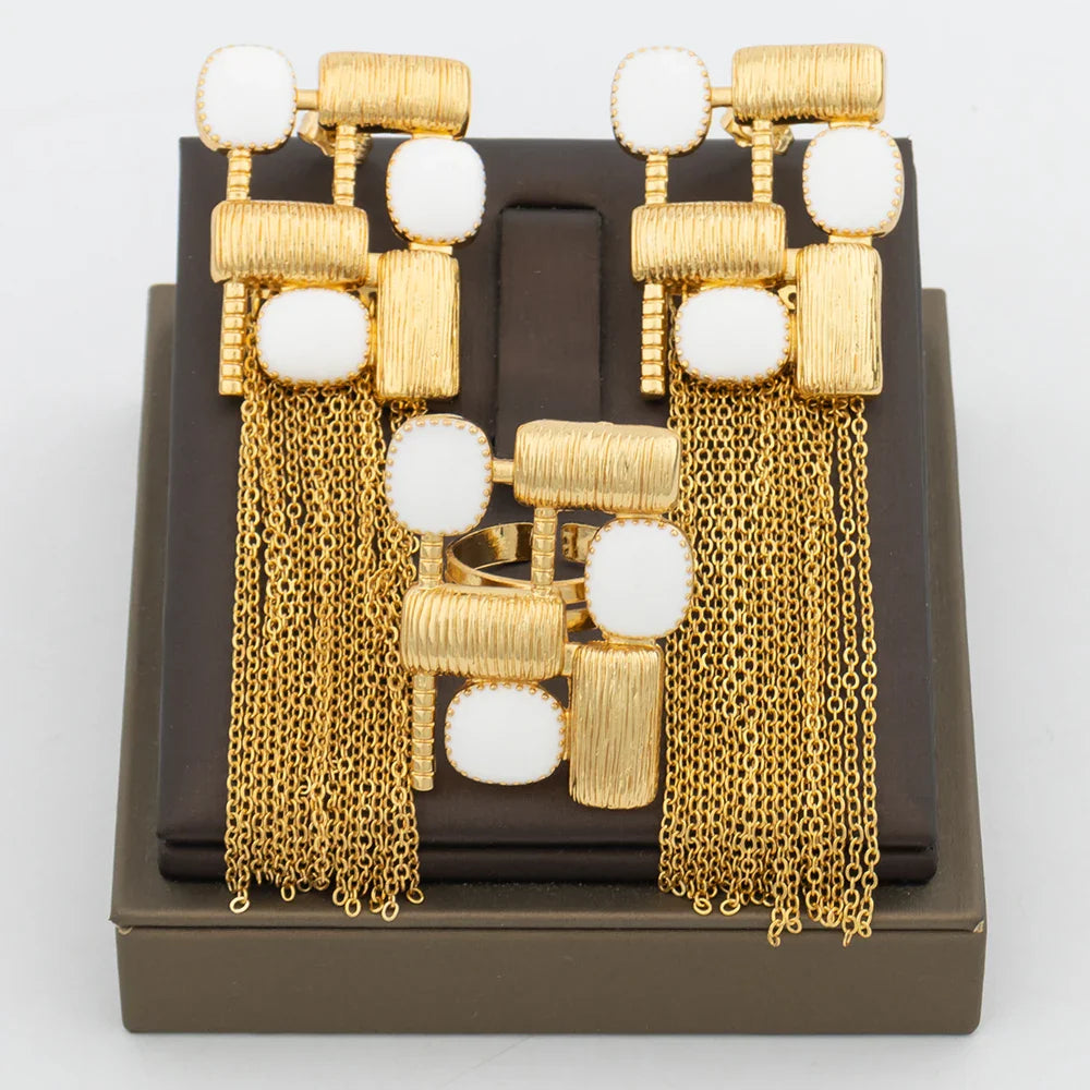 Trend Jewelry Set for Women African Gold Color Earrings and Ring Set Geometry Design Tassel Earrings Resizable Ring for Weddings