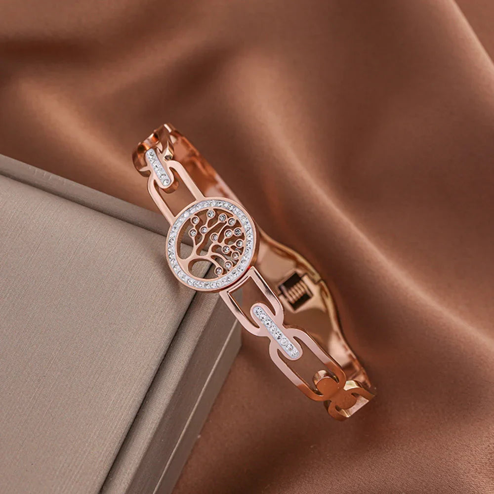 Luxury Stainless Steel Tree of Life Bangle for Women Men Crystal Zircon Bracelet Silver Gold Color Wrist Jewelry Accessories