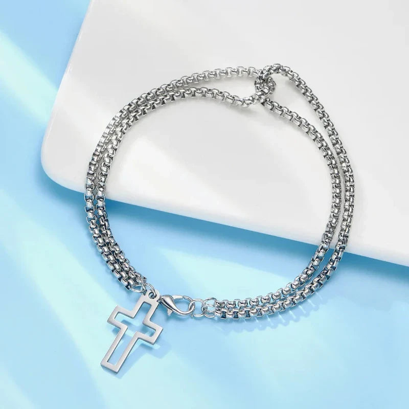 1pcs Bracelet Stainless Steel Thick Chain Cross Hollow Cross Pendant Double Bracelet Personality Niche High-grade Hand Jewelry