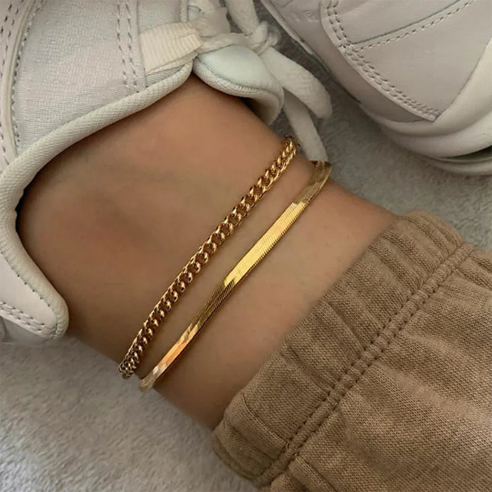 SUNIBI Stainless Steel Snake Chain Anklet for Women Summer Beach Gold Color Anklets Fashion Jewelry Dropshipping Wholesale