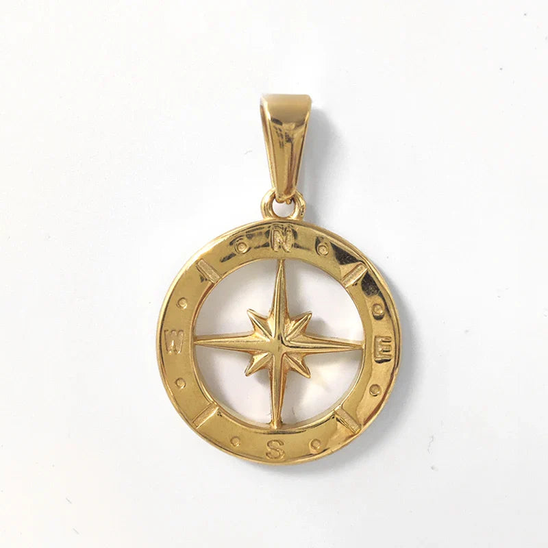 Hip Hop Men 18K Gold Plated Stainless Steel Compass Pendant North Star Charm Necklace Waterproof Jewelry For Men Gift