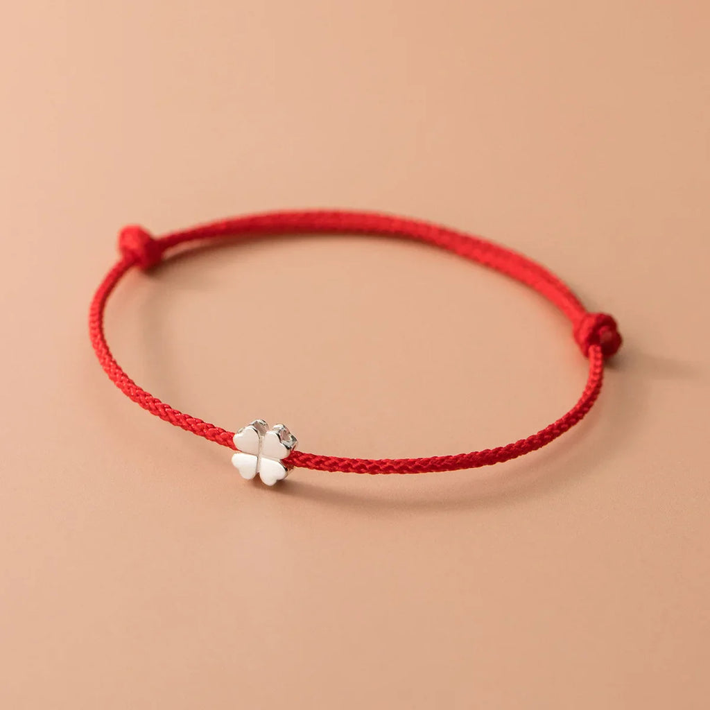 S925 Sterling Silver Flowers Red Rope Clover Adjustable Bracelet For Women Fine Jewelry Minimalist Accessories