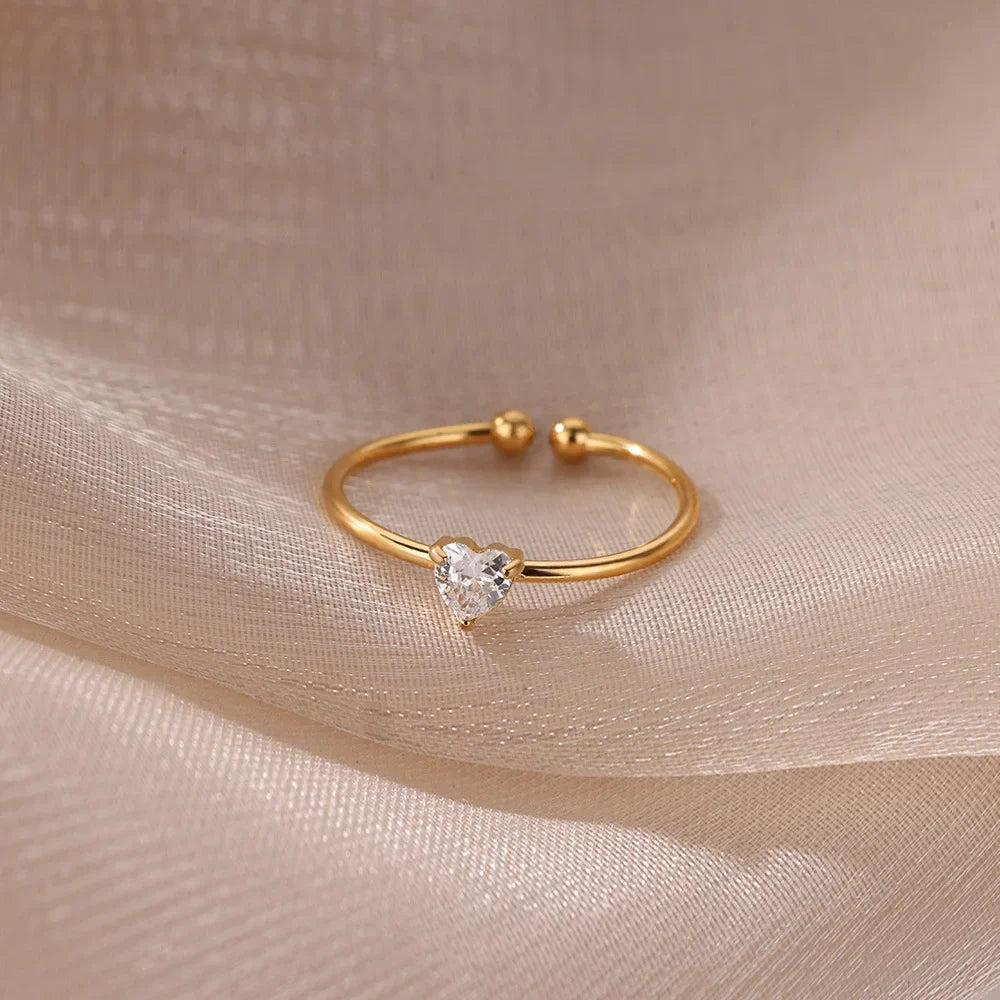 Stainless Steel Birthstone Open Rings for Women Fashion 12-color Crystal Zircon Heart Ring Birthday Aesthetic Jewelry Gift