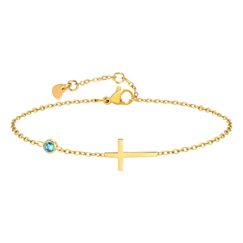 Birthstone Zirconia Thin Chain Link Cross Bracelet Stainless Steel Women's Adjustable Link Stacked Layered Chain Bracelets