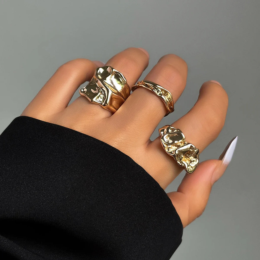 3 Pcs Punk Chunky Irregular Rings Set for Women Creative Geometric Adjustable Open Finger Rings Fashion Statement Jewelry Girls