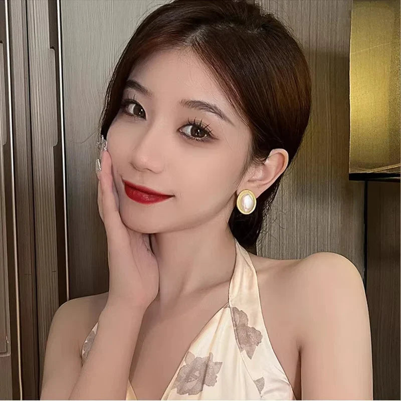 Imitation Pearl Zircon Retro Elegant Irregular Oval Square Hollow Out Earrings for Women Party Autumn Winter Jewelry