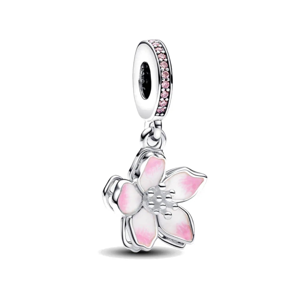 European New 925 Sterling Silver Spring New Pink Flower Ballon Cat Diy Beads Charm Fit European S925 Bracelet Bangles