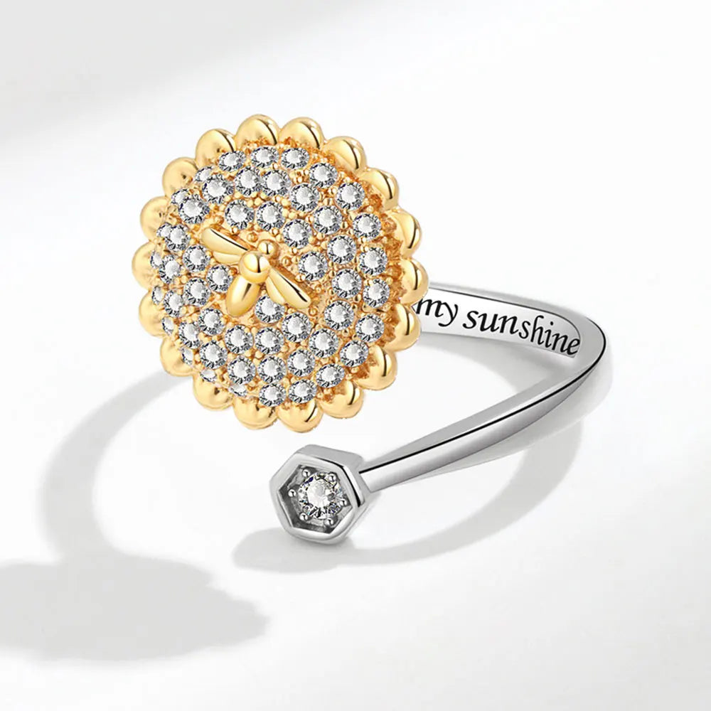 Shining Crystal Sunflower And Bee Fidget Spinner Rings For Women Anti Anxiety Control Anti Stress Rotating Ring Girls Gift