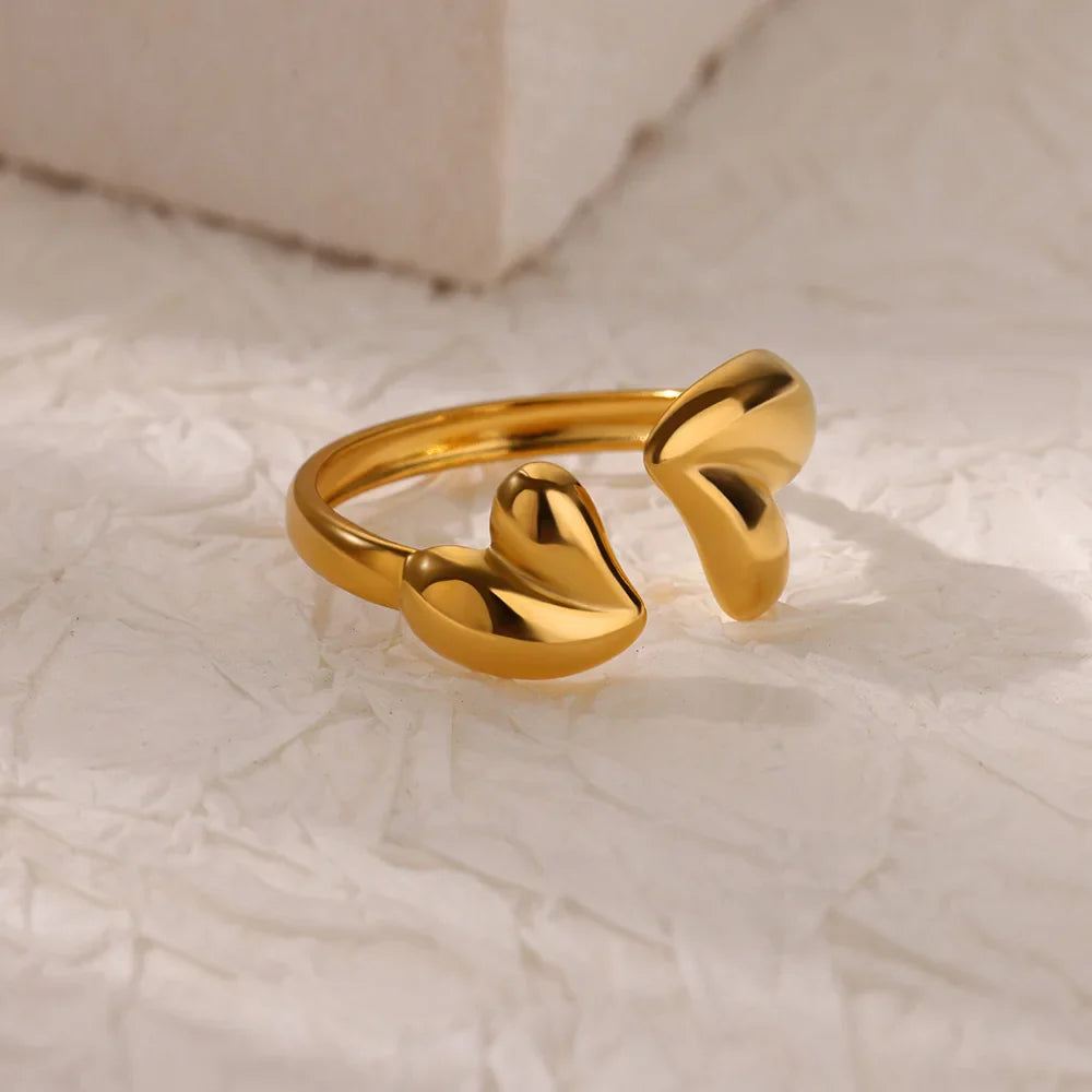 Double Heart Rings For Women Gold Color Stainless Steel Open Adjustable Ring Female Fashion Party Wedding Aesthetic Jewelry Gift