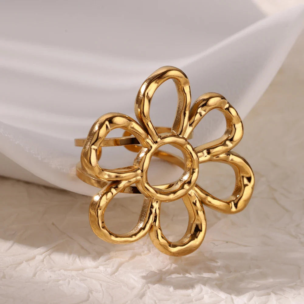 Stainless Steel Flower Big Open Rings For Women Gold Color Imitation Pearl Hollow Out Ring Trendy Aesthetic Jewerly Gifts