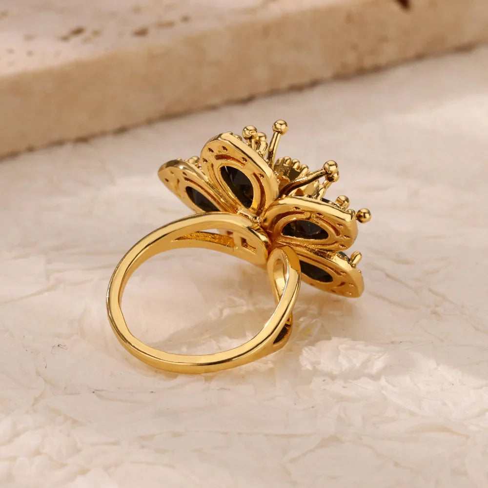 Luxury Colorful Zircon Flower Rings For Women Gold Color Stainless Steel Opening Ring Fashion Wedding Party Aesthetic Jewelry