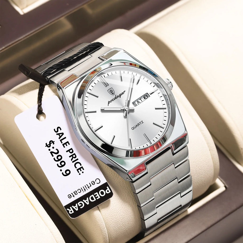 POEDAGAR Luxury Men's Watches Waterproof Luminous Date Week Men Watch Stainless Steel Casual Fashion Quartz Man Wristwatch Reloj