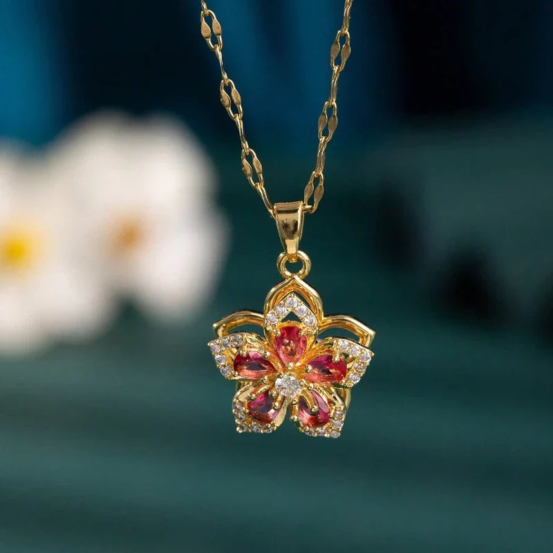 1pc Stainless Steel 5-Petal Flower Necklace With Rotating Pendant For Women Valentines Mom Mother Mother's Day Gift