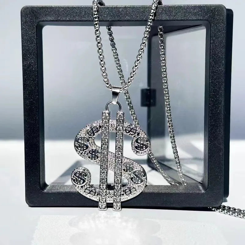 1pcs Creative Dollar Necklace Pendant Exaggeration Diamond S$ Pendant Necklace Male Hip Hop Personality Pendant Sweater Chain