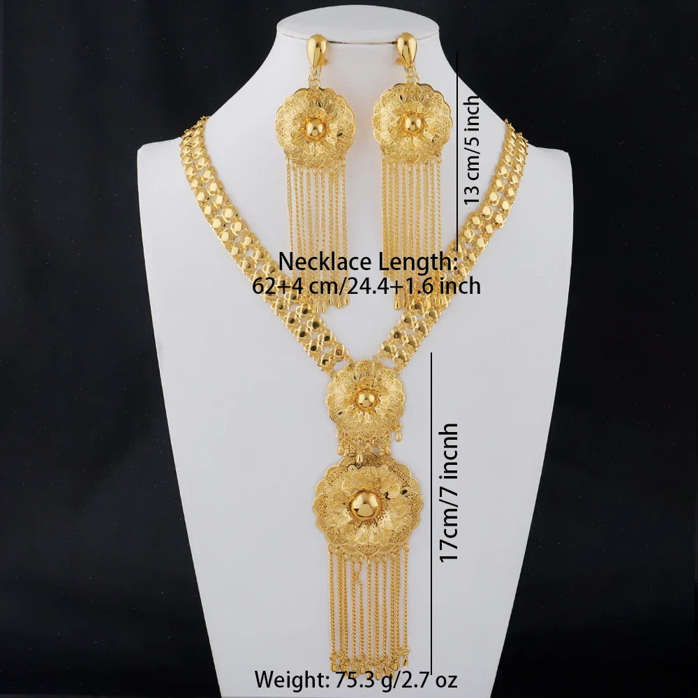 New Indian Gold color Long Necklace Set Nigerian Party Bride Wedding Luxury Dubai Earrings Jewelry Women's Valentine's Day Gift