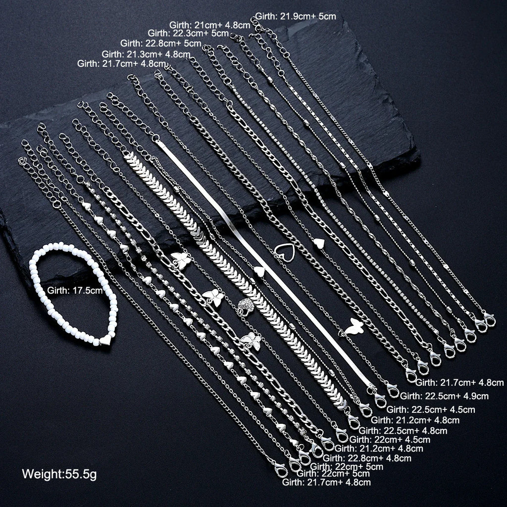 19Pcs/Set New Design Silver Color Anklet Sets for Women Fashion Pearl Butterfly Heart Crystal Foot Chain Versatile Daily Jewelry