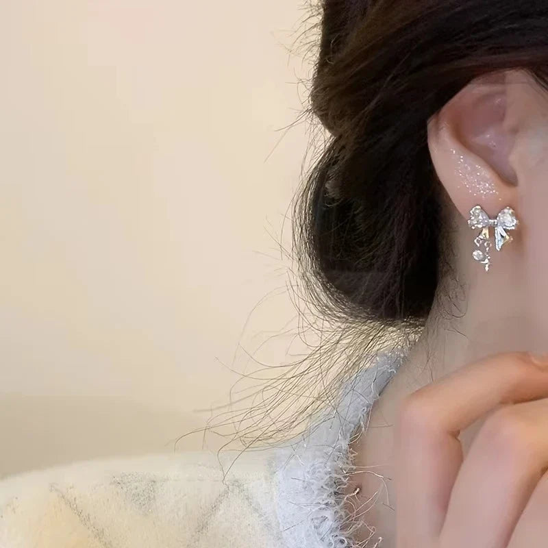 New Y2K Bowknot Zircon Stud Earrings for Women Fashion Korean Silver Color Pink Crystal Personality Earring Party Jewelry Gifts