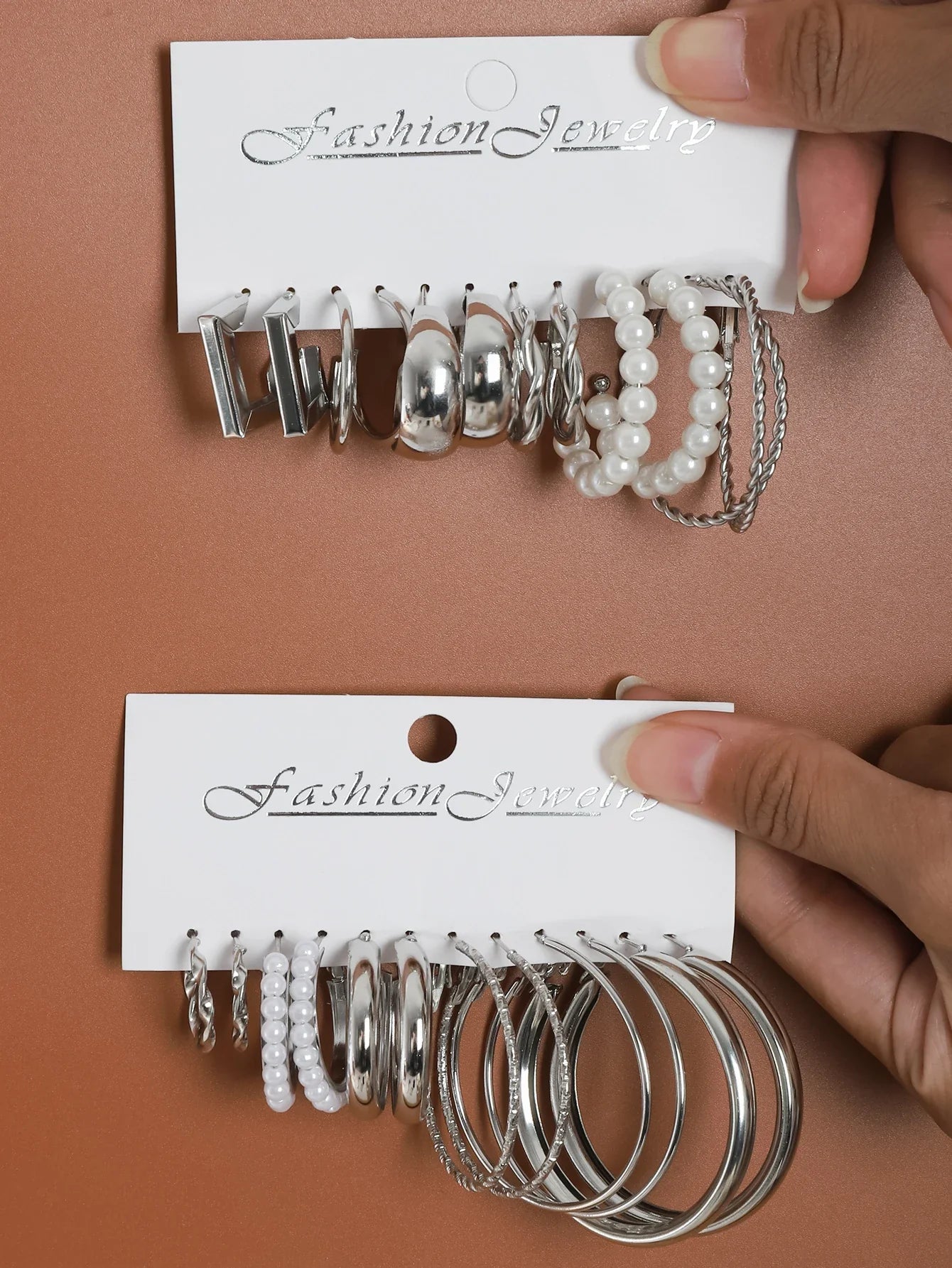24 Pcs Vintage Silver Color Y2K Pearl Earrings for Women Geometry Round Circle Square Hoop Earring Set Fashion Female Jewelry