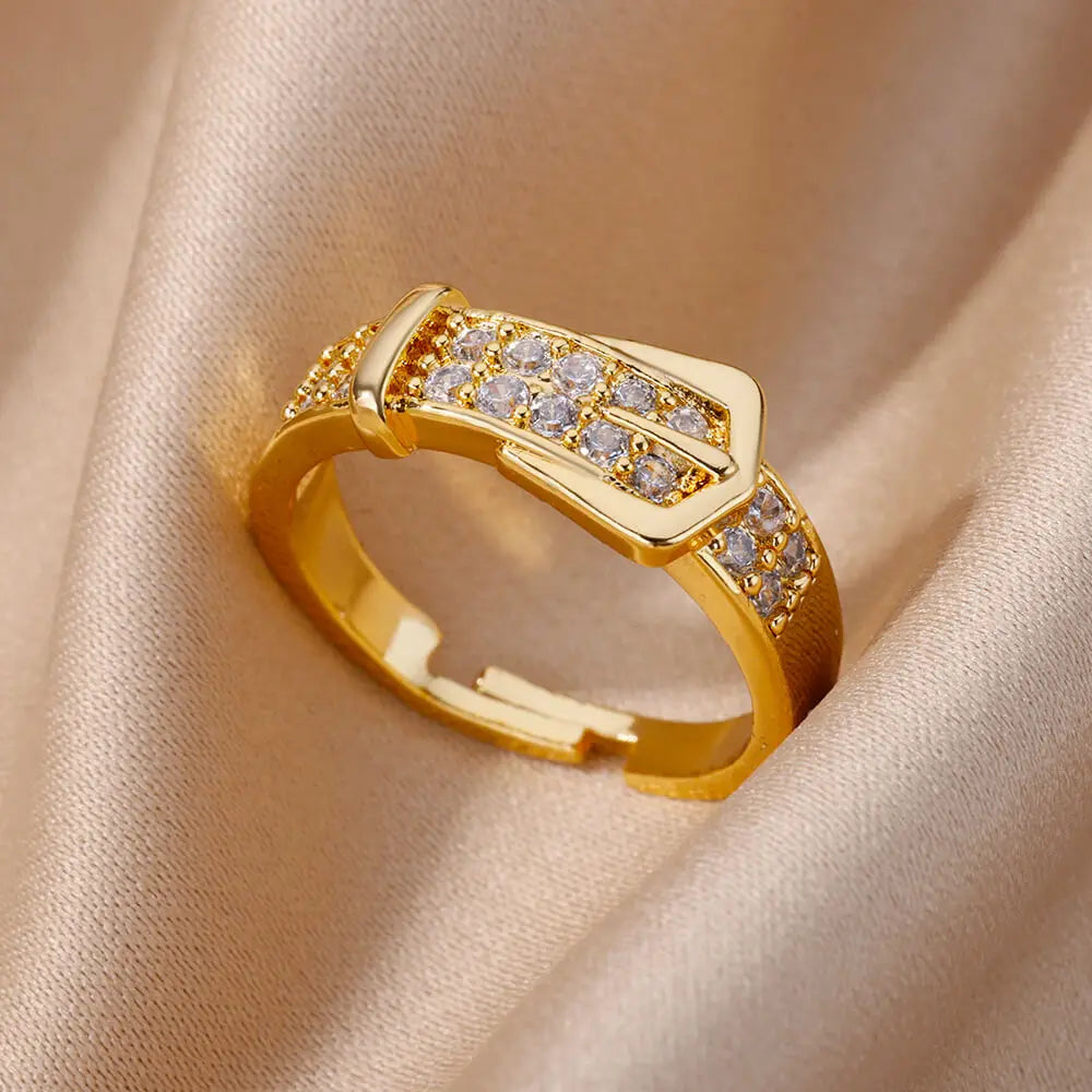 Zircon Chain Cross Rings For Women Vintage Gold Color Stainless Steel Geometric Open Ring Fashion Wedding Aesthetic Jewelry Gift