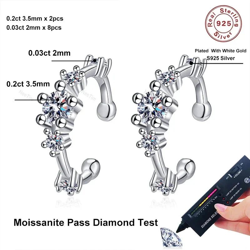 NeeTim Full Moissanite Clip Earrings Women Luxury Quality Hip Hop Party S925 Sterling Silver with White Gold Plated Hoop Earring