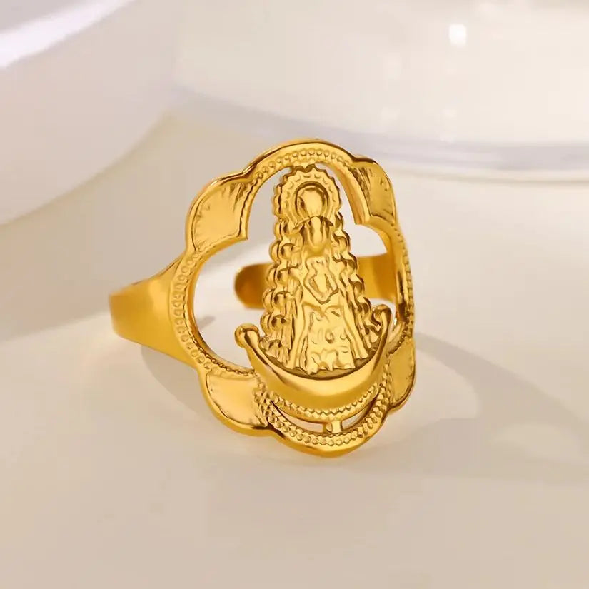 Vintage Virgin Mary Open Ring For Women Stainless Steel Gold Color Religious Ring Jesus Christian Jewelry Party Gift ﻿