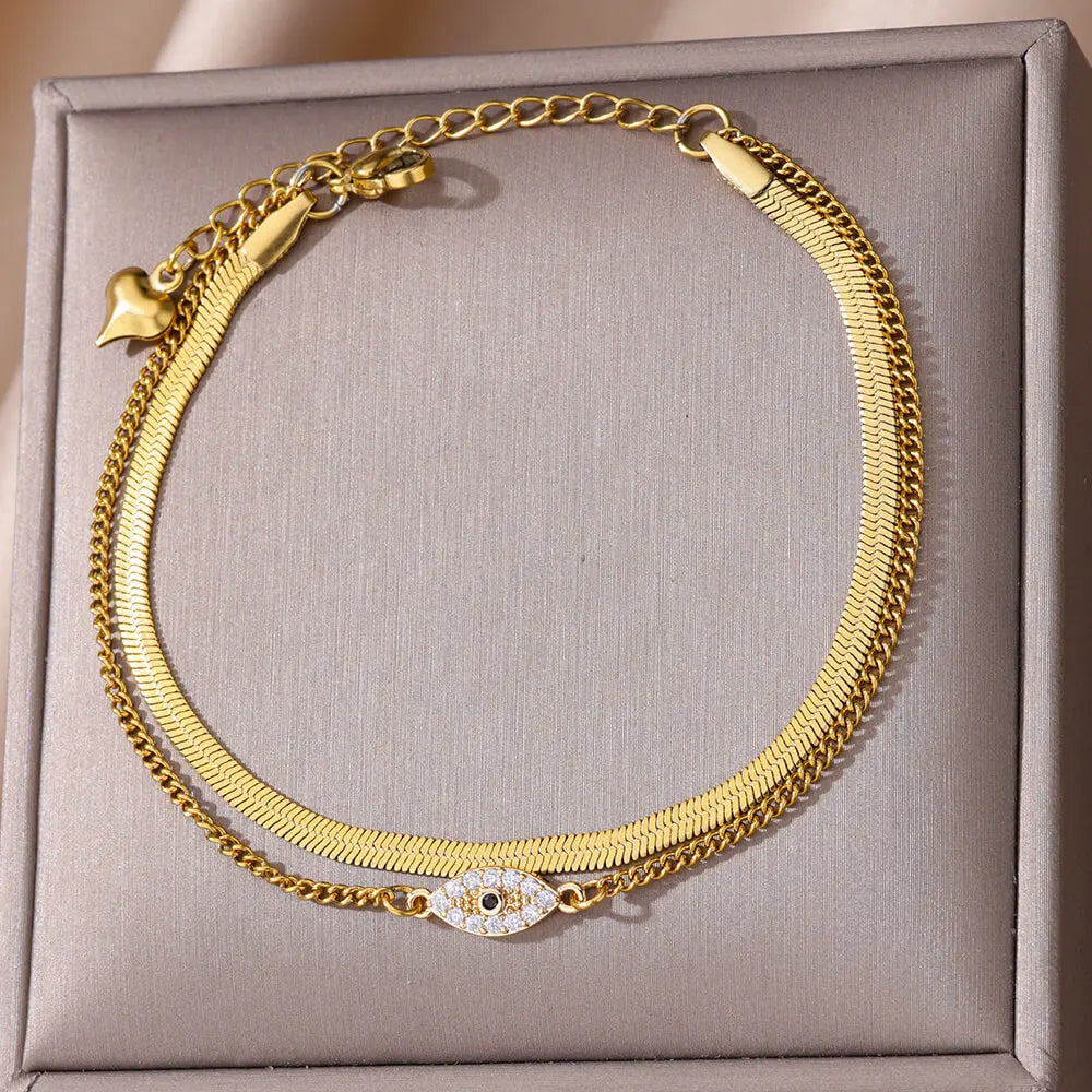 Zircon Cross Anklets For Women Gold Color Stainless Steel Cross Anklet Double Chain Summer Beach Party Jewelry Gift Accessories