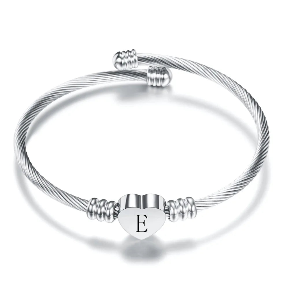 Initial Letter Stainless Steel Cuff Bracelet For Women 26 Alphabet Heart Charm Bangle Female Fashion Birthday Party Jewelry