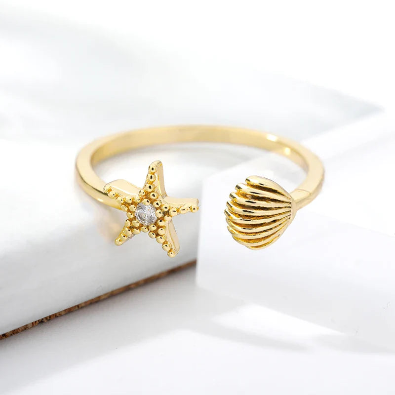 Ocean Starfish Shell Open Rings For Women Gold Color Stainless Steel Ring Summer Beach Aesthetic Waterproof Jewelry Gift