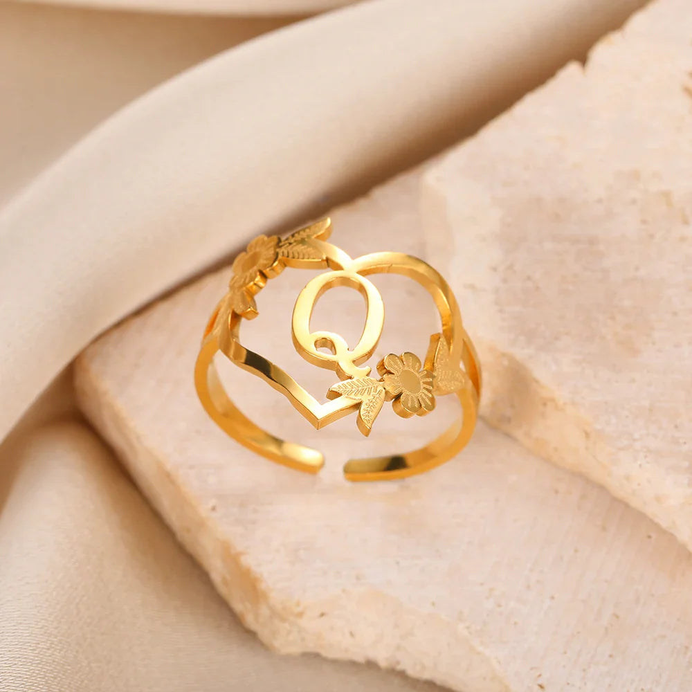 Stainless Steel Initials Letter Heart Rings for Women Girls Gold Color Flower Alphabet Ring Fashion Valentine's Day Jewelry Gift