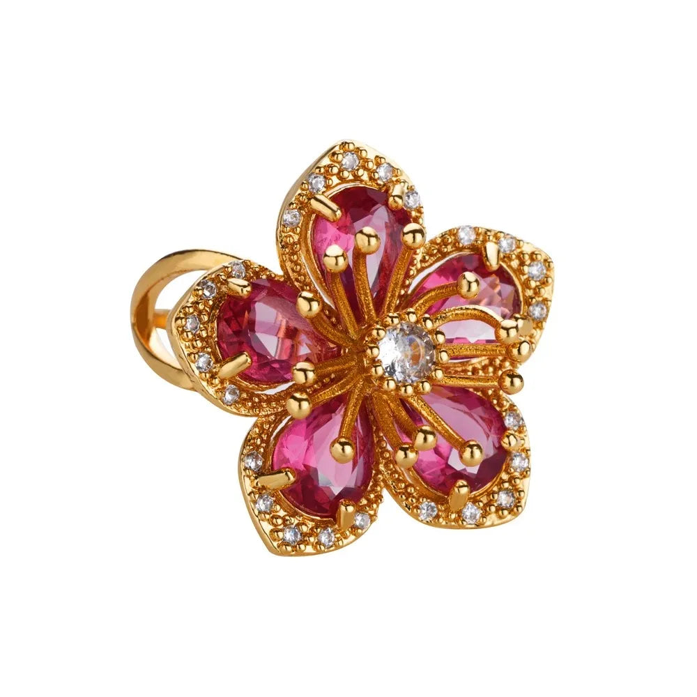Pink Zircon Flower Rings for Women Gold Color Stainless Steel Ring 2025 Trend Elegant Floral Luxury Aesthetic Jewelry anillos