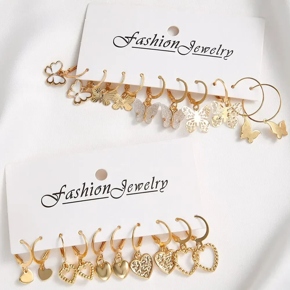 10pcs Gold Color Creative Simple Earrings Set for Women Fashion Temperament Hollowed-out Butterfly Love Earrings Jewelry Gifts