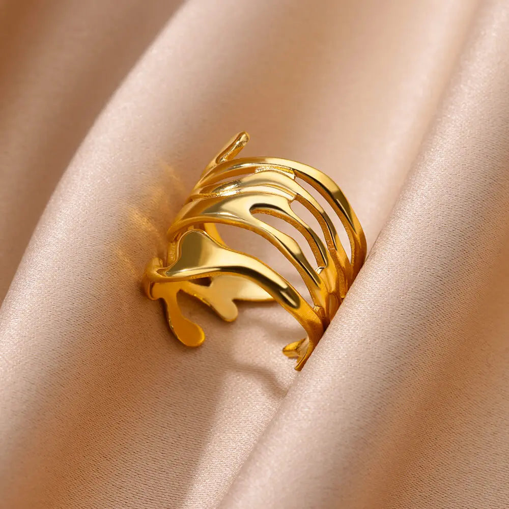 Stainless Steel Flower Rings for Women Gold Color Shell Starfish Multi Layer Hollow Out Ring Fashion Charm Jewelry Wedding Gifts