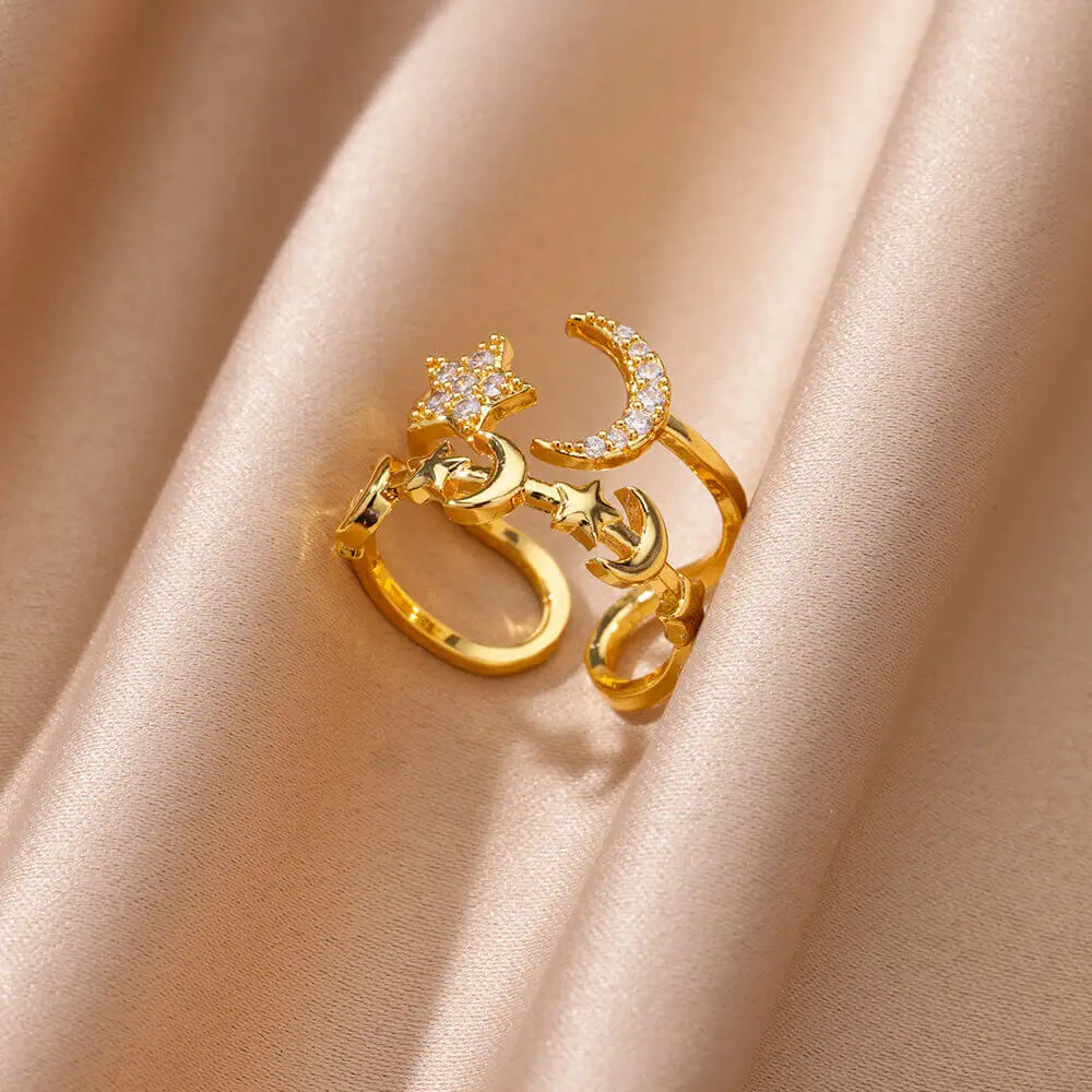 Zircon Star Moon Rings For Women Gold Color Adjustable Stainless Steel Moon Star Ring Wedding Aesthetic Party Jewelry Gift BFF