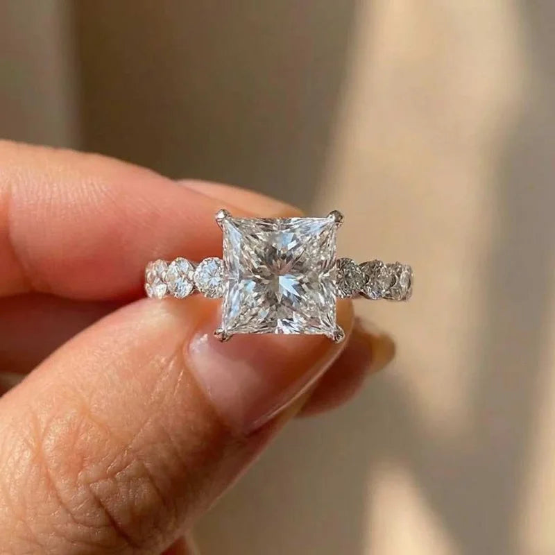 925 Sterling Silver Eternity Princess Square Cubic Zirconia Crystal Rings Women's Wedding Engagement Luxury Classic Lady Jewelry