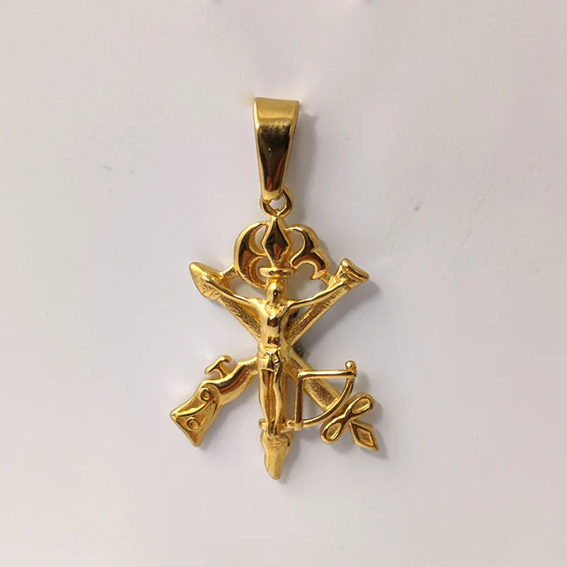 Men's Jesus Cross Necklace 18K Gold Plated Stainless Steel Christian Gun Arrow Pendant Religious Jewelry Gift