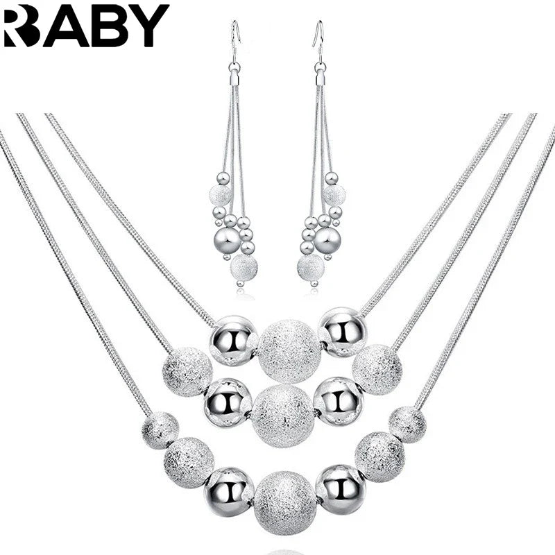 URBABY 925 Sterling Silver 18-inch Frosted Beads Pendant Earrings Necklace for Woman Fashion Jewelry Set Wedding Gift