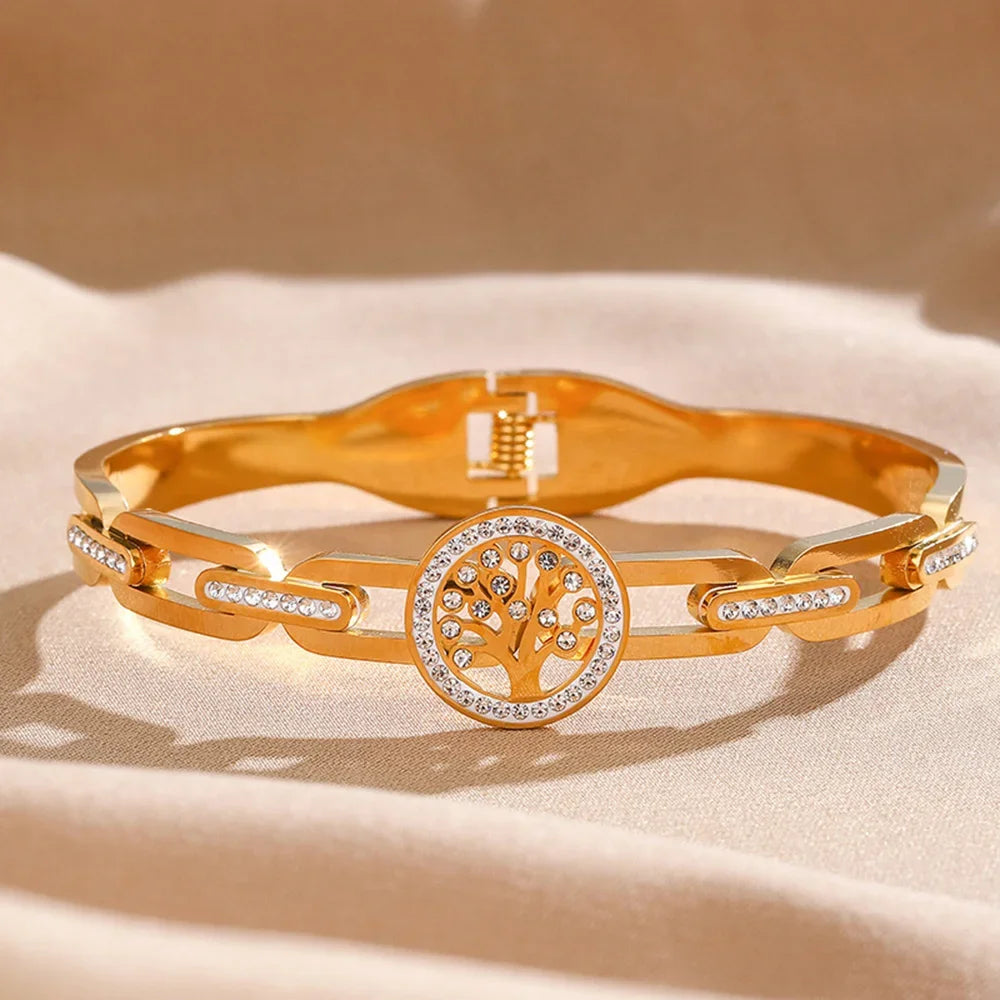 Luxury Stainless Steel Tree of Life Bracelet For Women Men Golden Cubic Zircon No Fade Color Lucky Cuff Bangle Jewelry