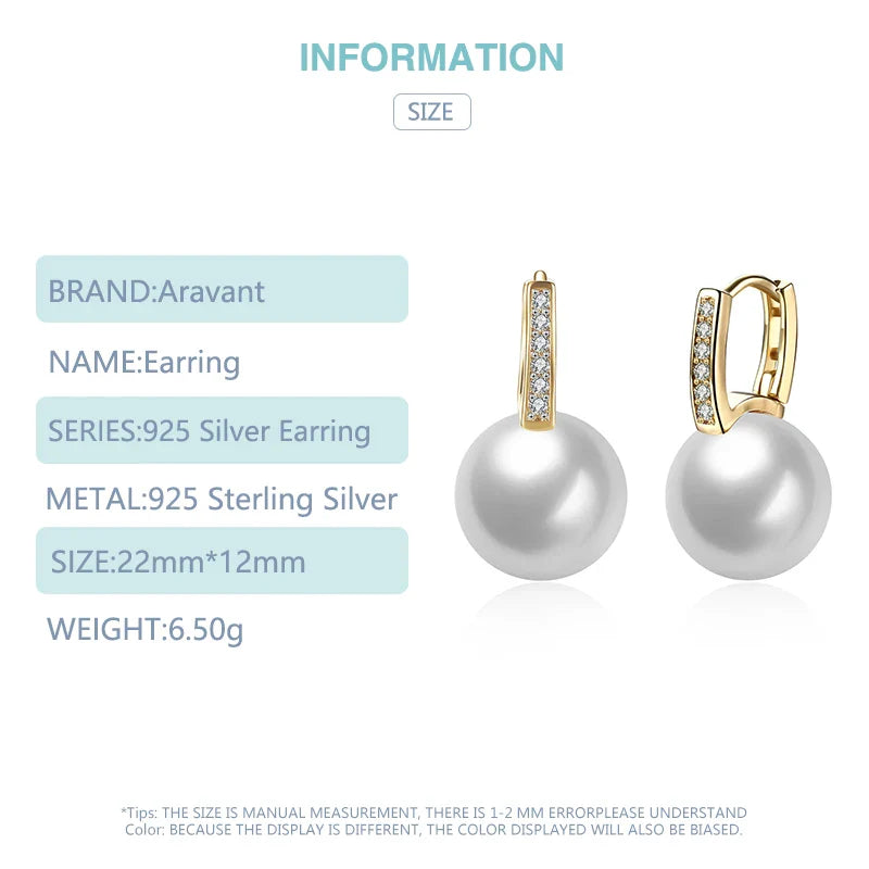 Aravant 925 Silver 18K Gold 12mm Pearl Drop Earrings For Women Wedding Fashion Jewelry