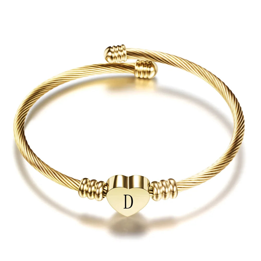 Initial Letter Stainless Steel Cuff Bracelet For Women 26 Alphabet Heart Charm Bangle Female Fashion Birthday Party Jewelry