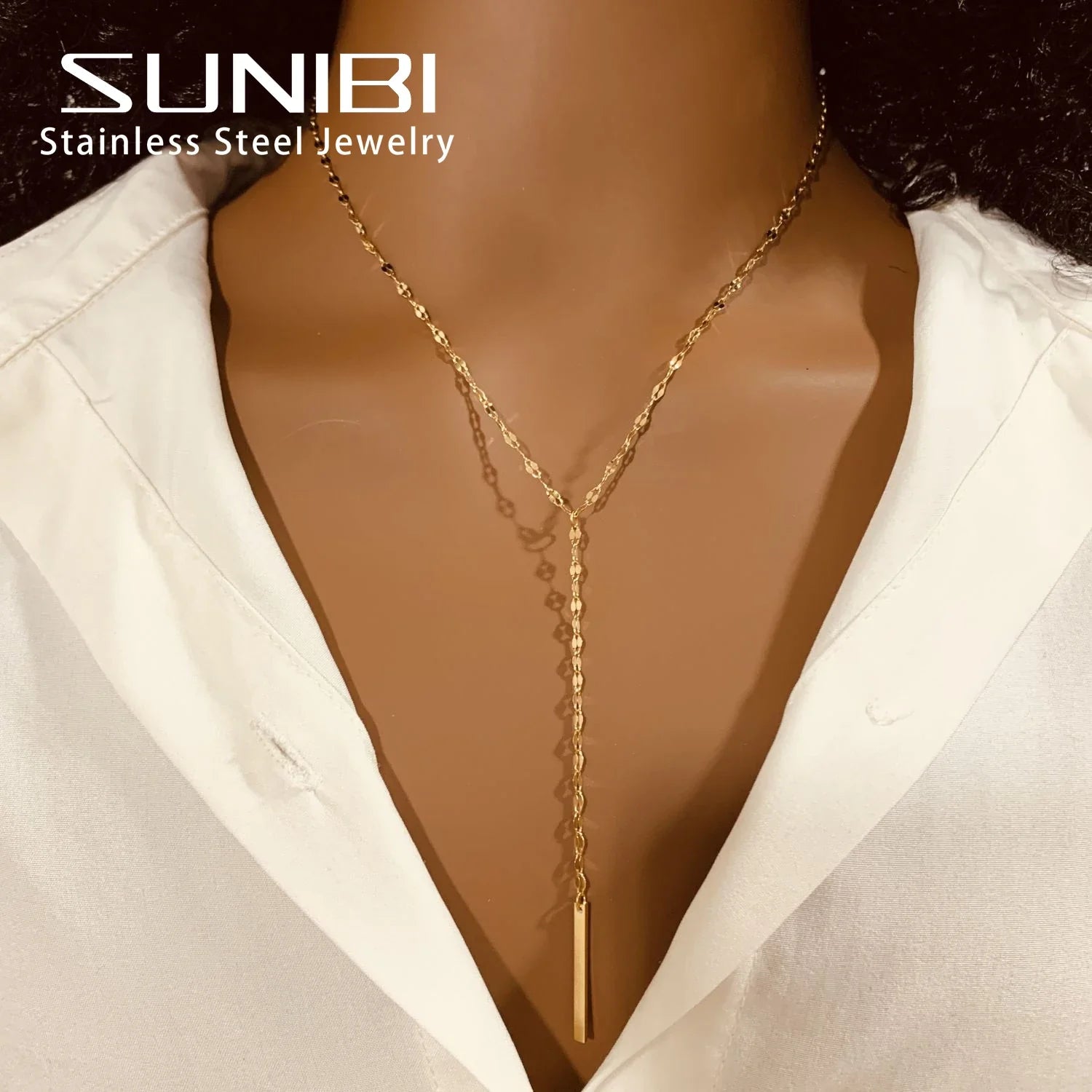 SUNIBI Vertical Bar Pendant Necklaces Stainless Steel Simple Long Lariat Chain Minimalist Dangle Necklace for Women Jewelry Gift