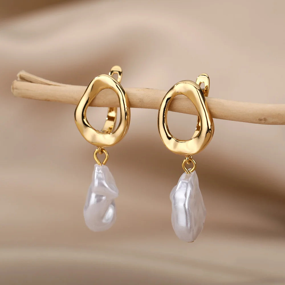 Fashion Circle Imitation Pearl Drop Earrings for Women Gold Color Stainless Steel Round Geometric Hoop Earring Wedding Jewelry