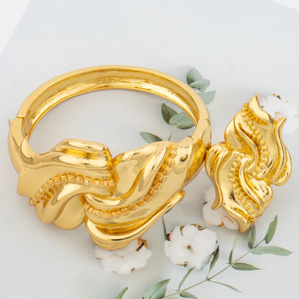 Large Hoop Bangle for Women Flower Italian Dubai Gold Color Bracelet Ring Jewelry Set Luxury Copper Fashion Birthday Party Gift