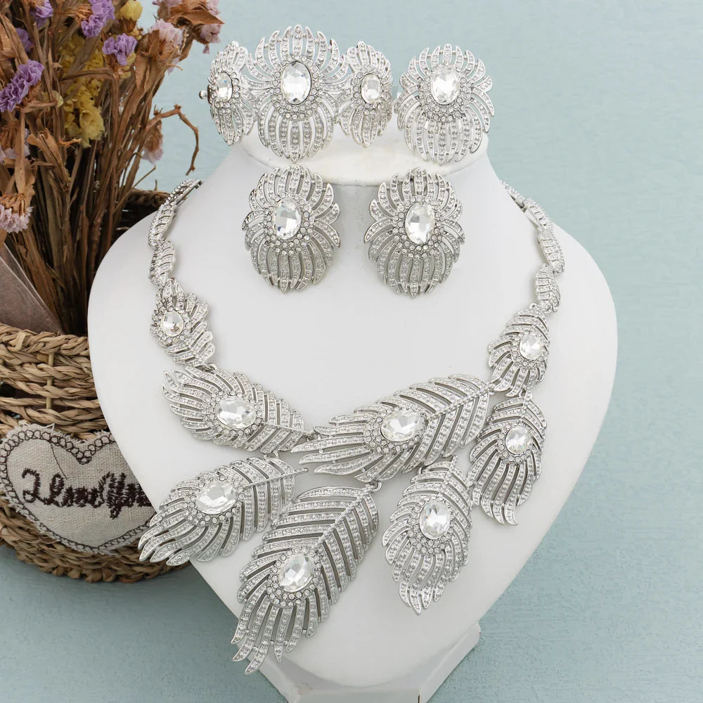 Italy Gold Color Jewelry Set Dubai Women Angel Feather Zircon Necklace Earrings Exaggerate Design Pendant Large Jewelry Bangle