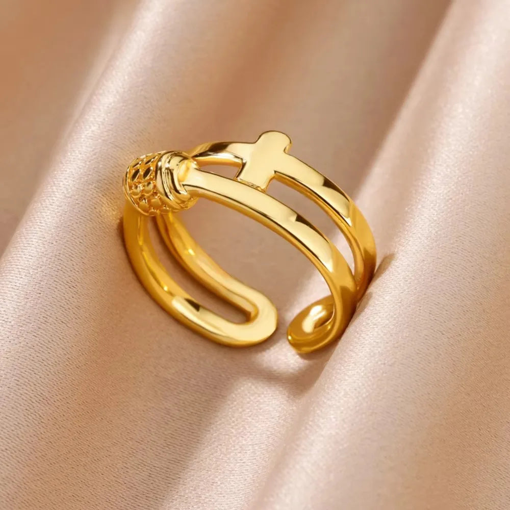 Stainless Steel Cross Rings for Women Vintage Gold Color Opening Cross Finger Ring Party Wedding Jewelry Gift anillos mujer