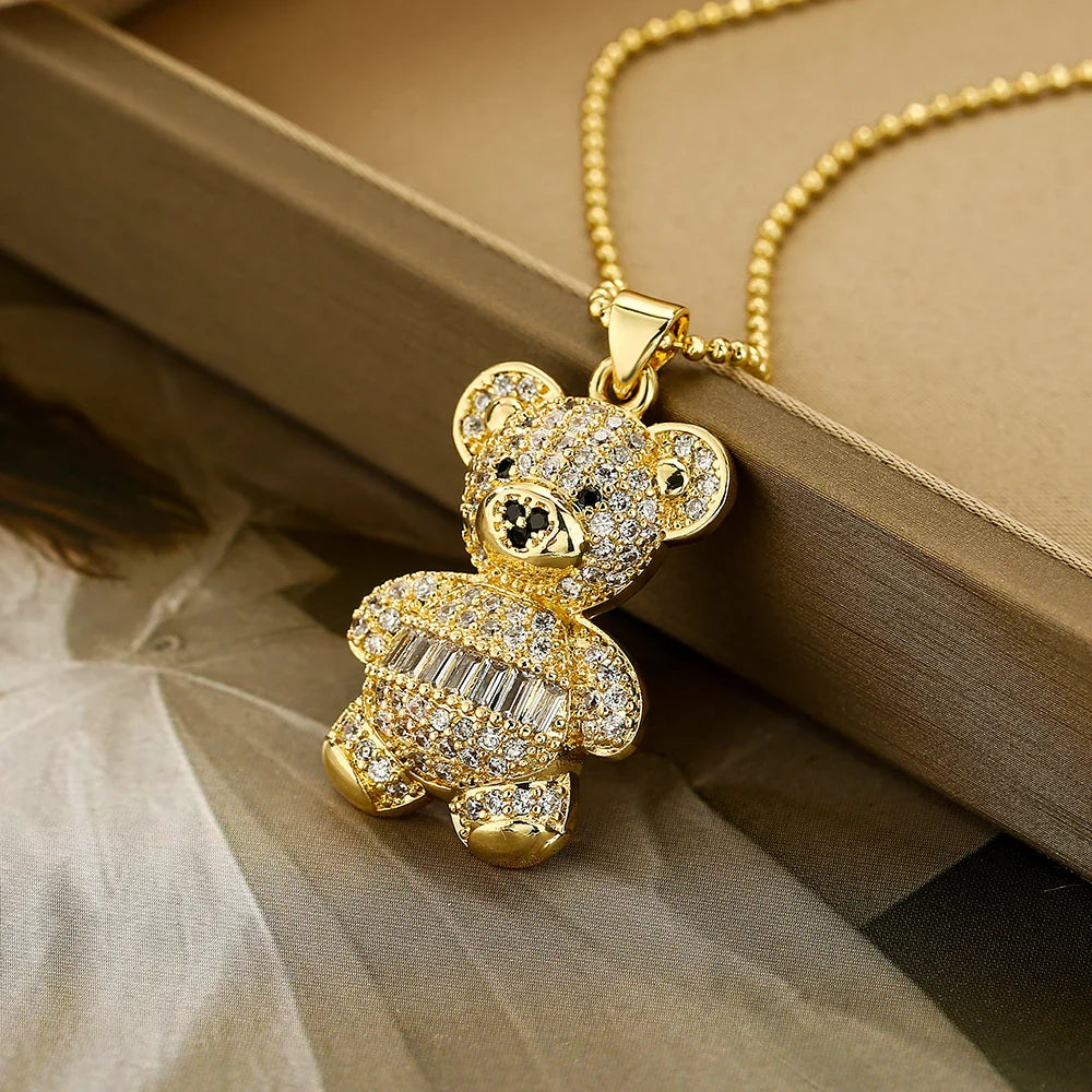 NEWBUY Hot Sale 2 Style Lovely Bear Pendant Necklaces For Women Shiny CZ Zircon Inlay Gold Color Copper Jewelry
