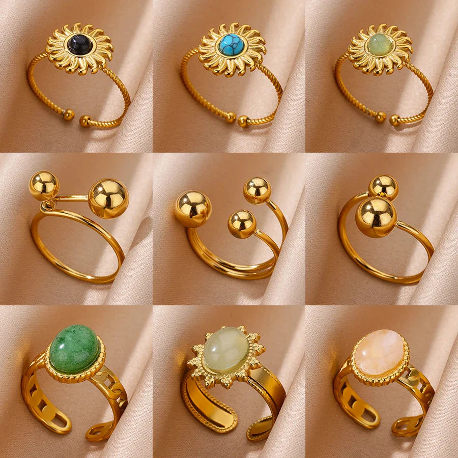 Stainless Steel Smooth Double Ball Beads Rings For Woman Vintage Opal Natural Stone Ring Fashion Gold Color Aesthetic Jewelry